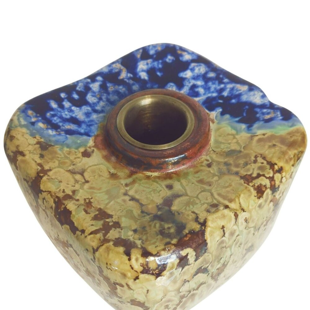 Japanese Studio Pottery Jardinière Square Planter With Abstract Glaze Blue Brown - Picture 4 of 12
